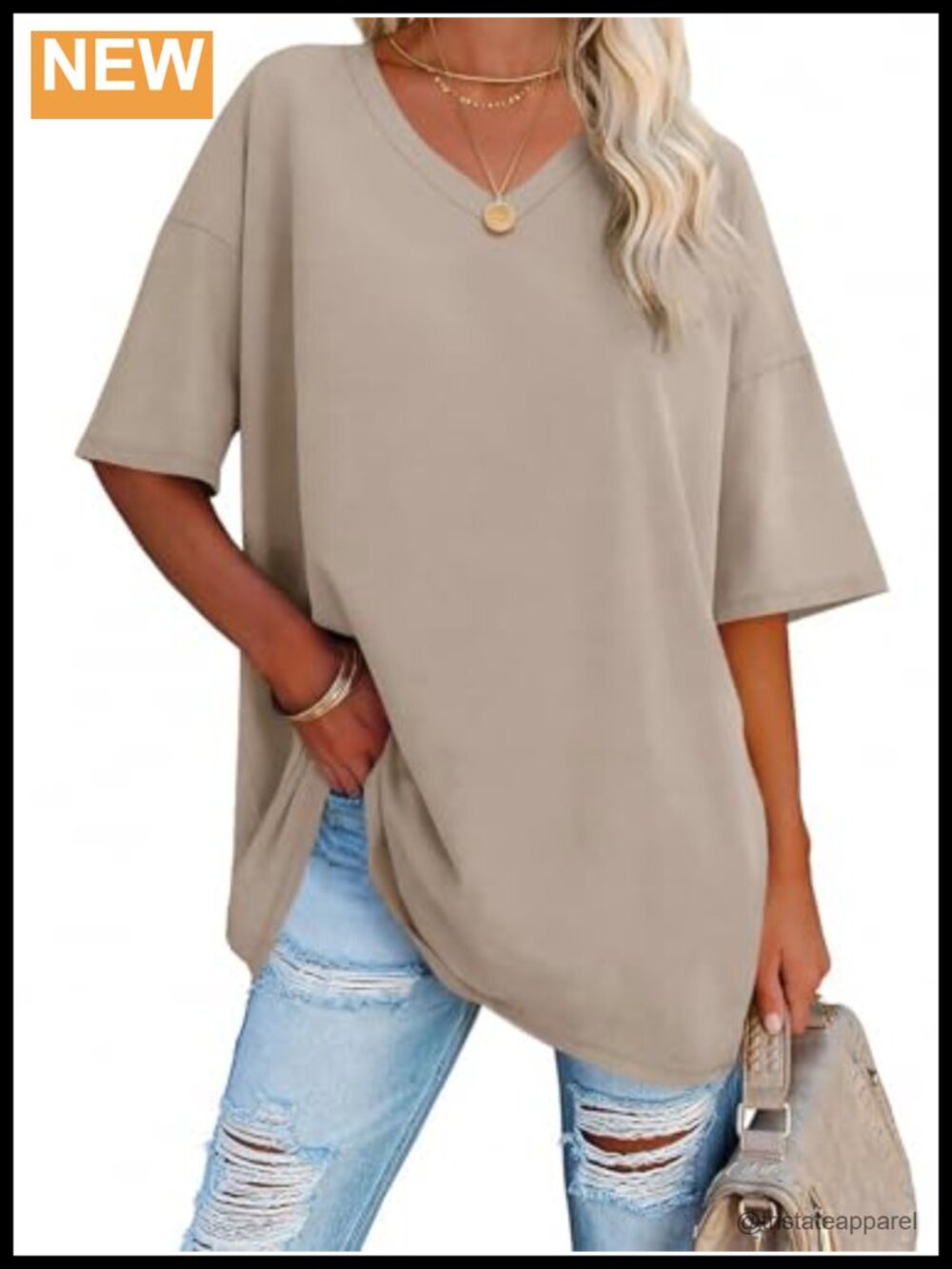 Oversized V Neck Tunic Tee Cotton Blend Short Sleeve Top Casual